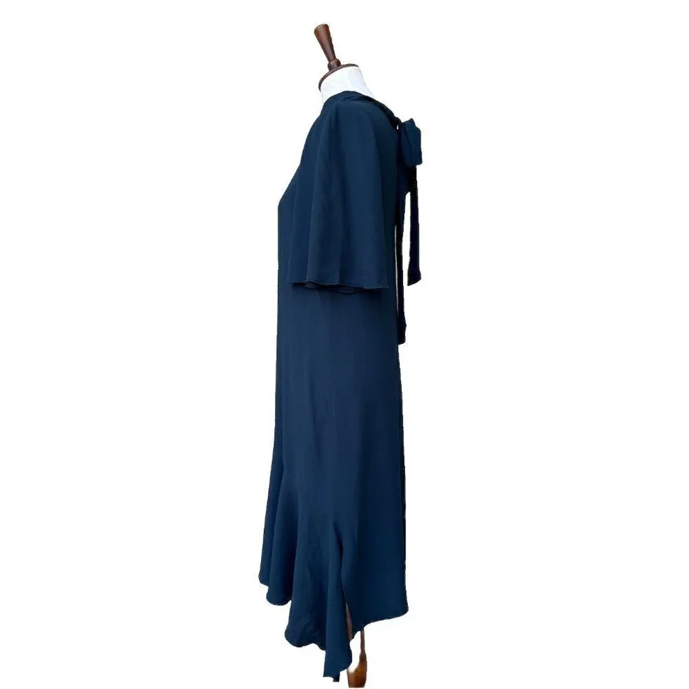 Lewit Women Green Scarab Mock Neck Back Tie Elbow Sleeve Rippling Dress Size 10 - Picture 7 of 16